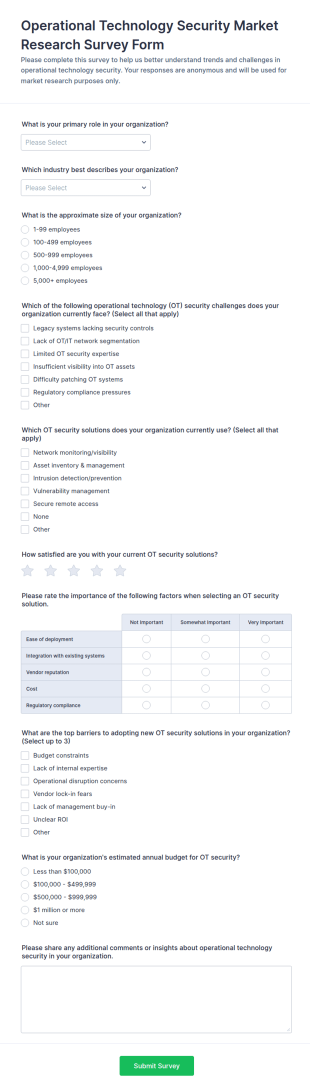 Operational Technology Security Market Research Survey Form Template