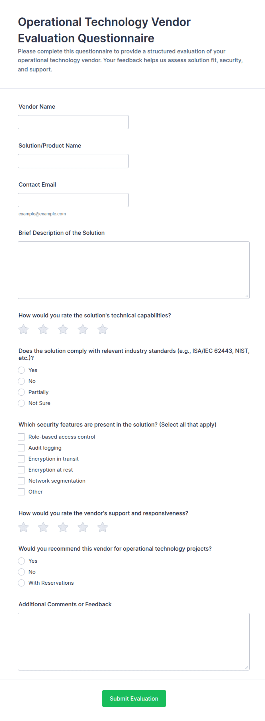 Operational Technology Vendor Evaluation Questionnaire Form Template ...