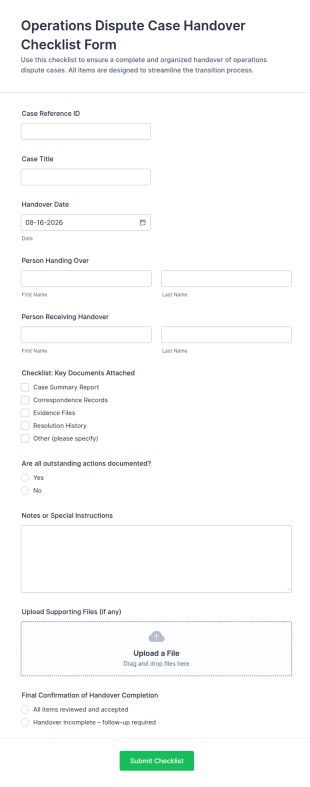 Operations Dispute Case Handover Checklist Form Template