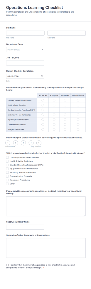 Operations Learning Checklist Form Template