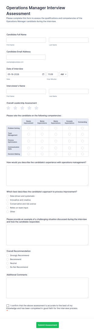 Operations Manager Interview Assessment Form Template