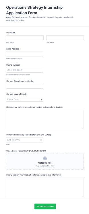 Operations Strategy Internship Application Form Form Template