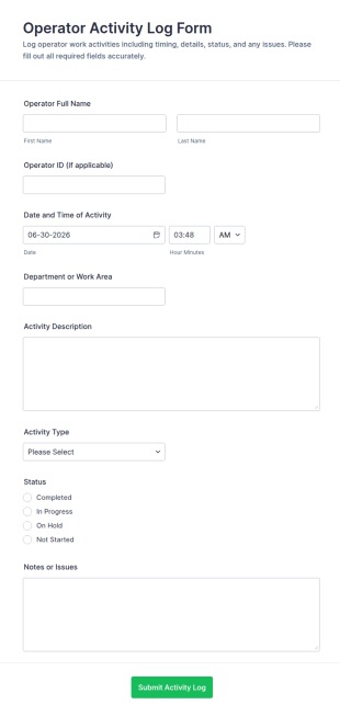 Operator Activity Log Form Template