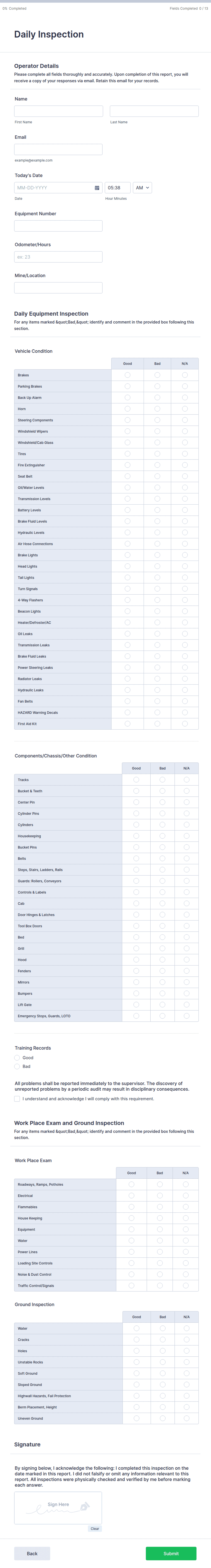 Field Operations Inspection Form Operator Daily Inspection Form Template | Jotform