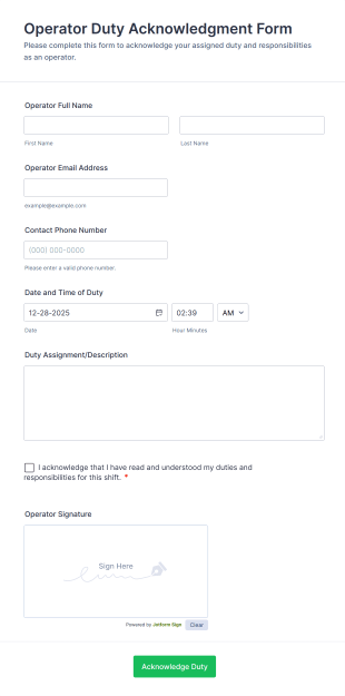 Operator Duty Acknowledgment Form Template