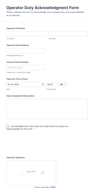 Operator Duty Acknowledgment Form Template