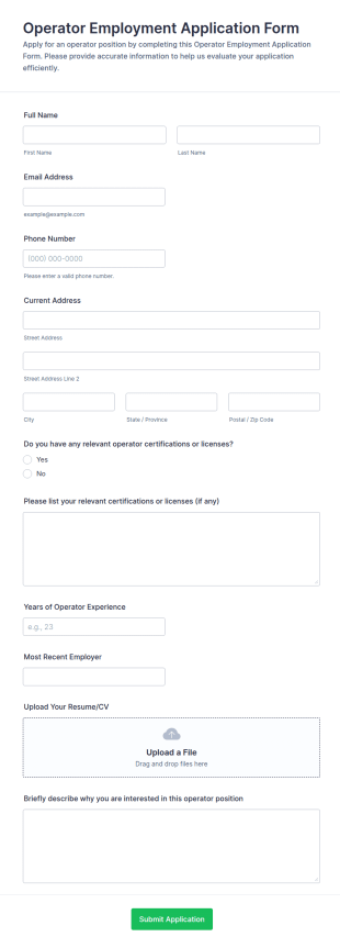 Operator Employment Application Form Template