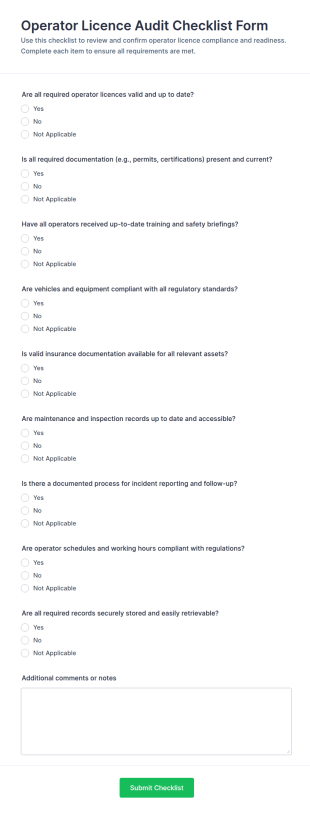 Operator Licence Audit Checklist Form Template