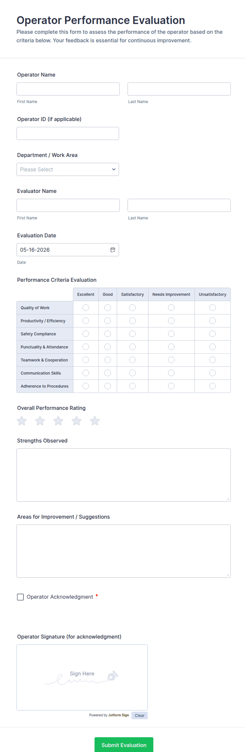 Operator Performance Evaluation Form Template | Jotform