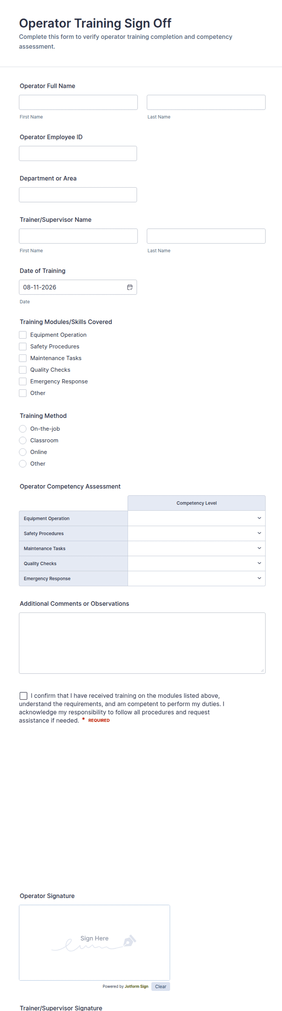 Drive Off Form.pdf Operator Training Sign Off Form Template | Jotform