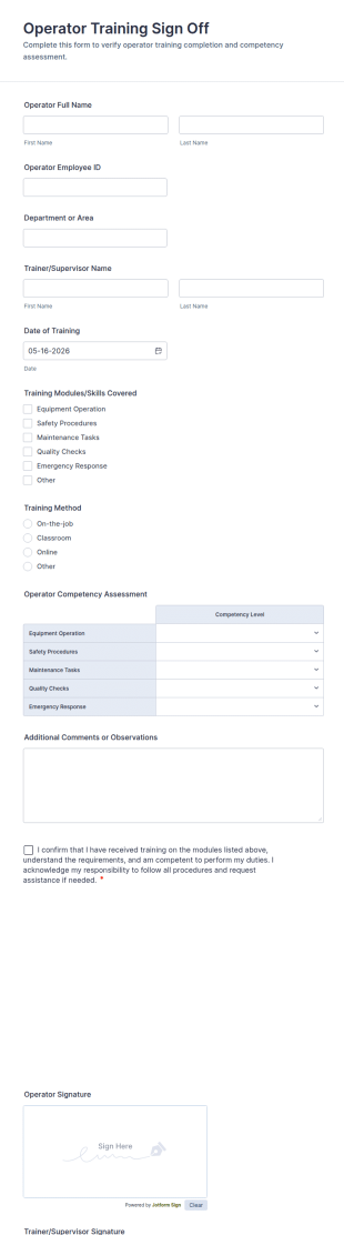 Operator Training Sign Off Form Template