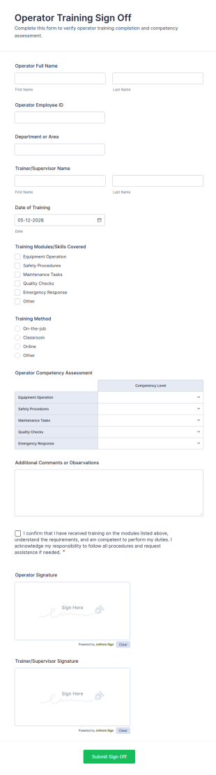 Operator Training Sign Off Form Template