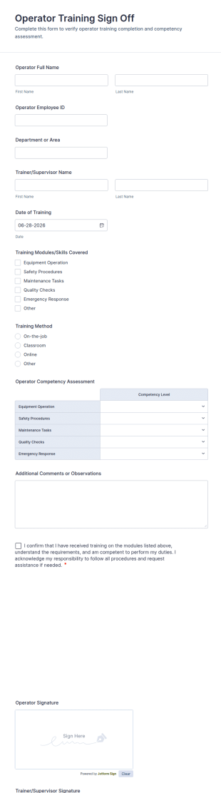 Operator Training Sign Off Form Template