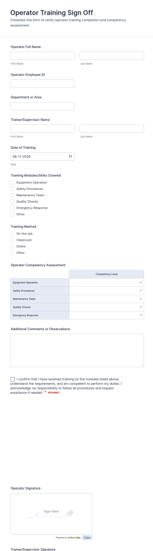 Operator Training Sign Off Form Template