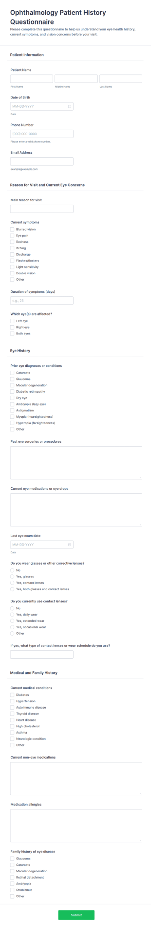 Ophthalmology Patient History Questionnaire Form Template