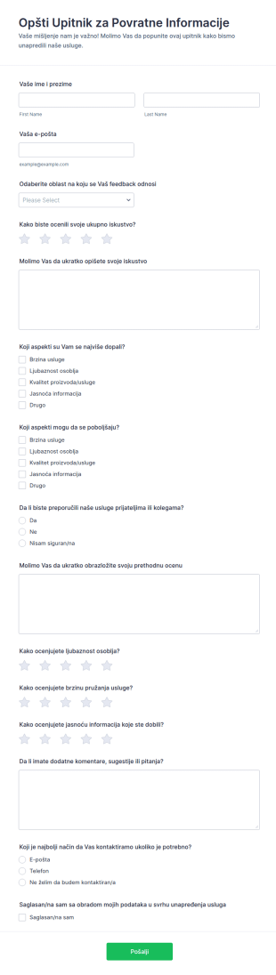 Opšti Obrazac Za Povratne Informacije