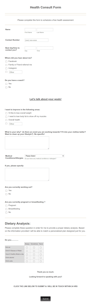 Optavia Health Form Template