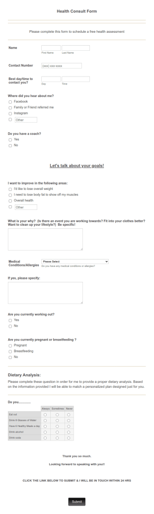 Optavia Health Form Template