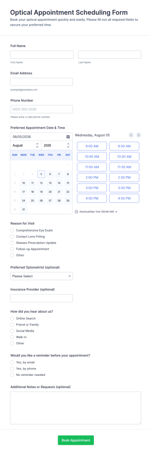 Optical Appointment Scheduling Form Template
