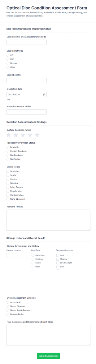 Optical Disc Condition Assessment Form Template