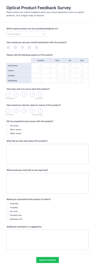 Optical Product Feedback Survey Form Template