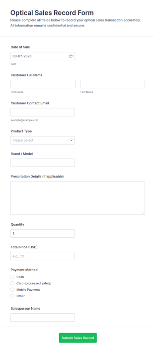 Optical Sales Record Form Template