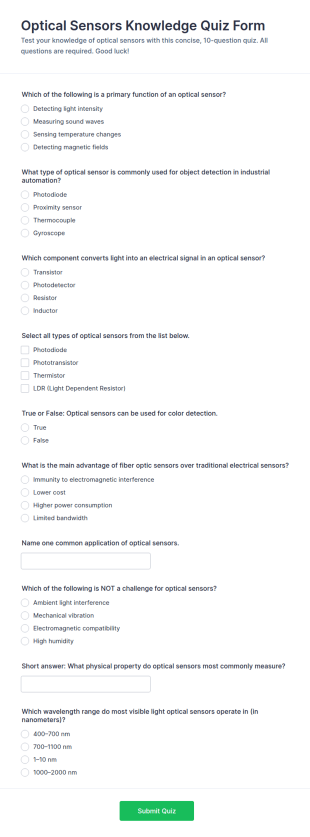 Optical Sensors Knowledge Quiz Form Template