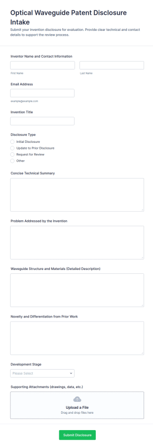 Optical Waveguide Patent Disclosure Intake Form Template