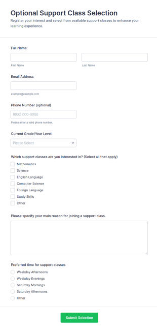 Optional Support Class Selection Form Template