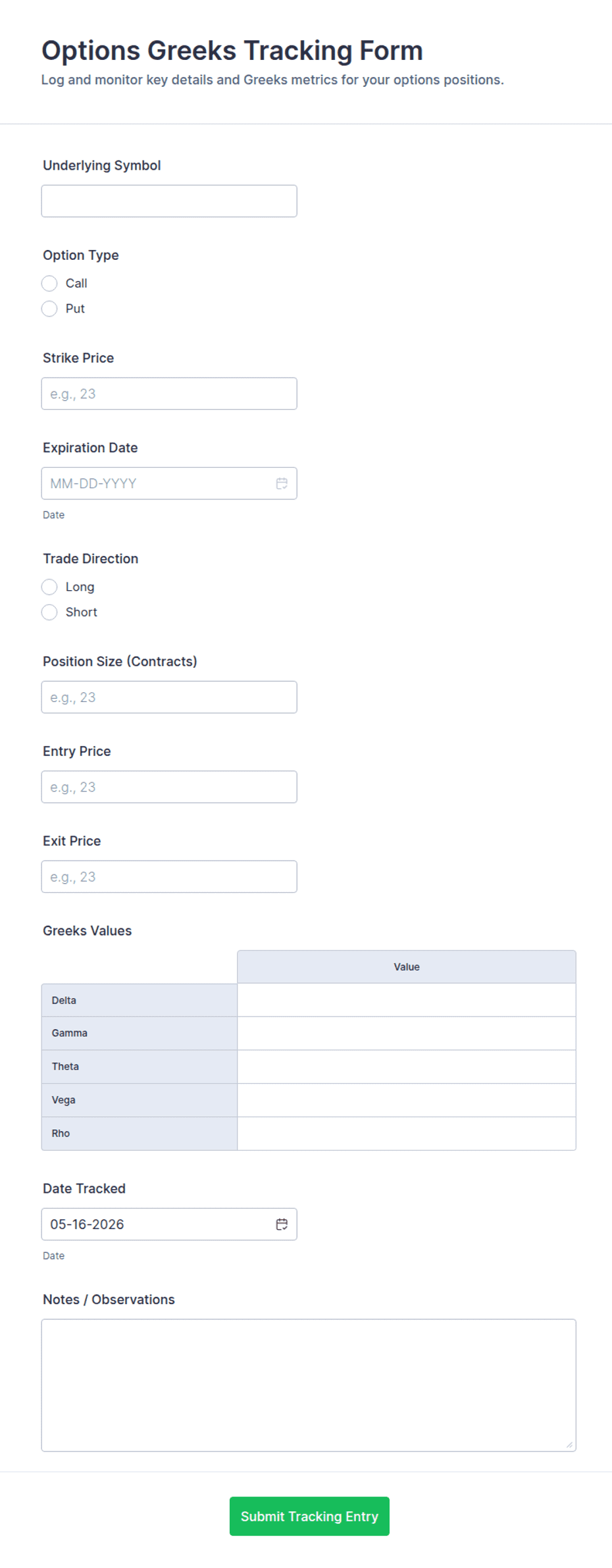 Options Greeks Tracking Form Template | Jotform