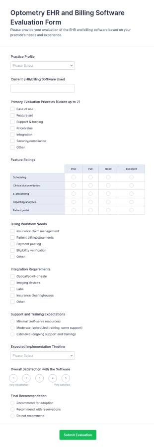 Optometry EHR And Billing Software Evaluation Form Template