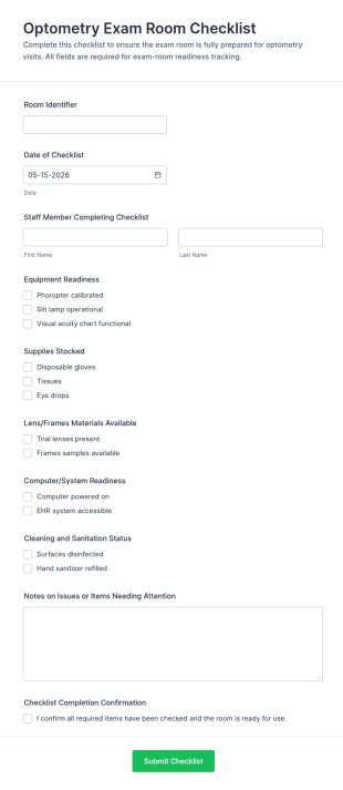 Optometry Exam Room Checklist Form Template