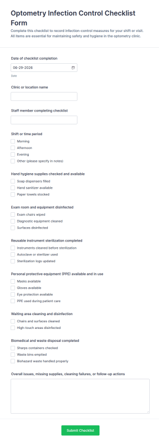 Optometry Infection Control Checklist Form Template