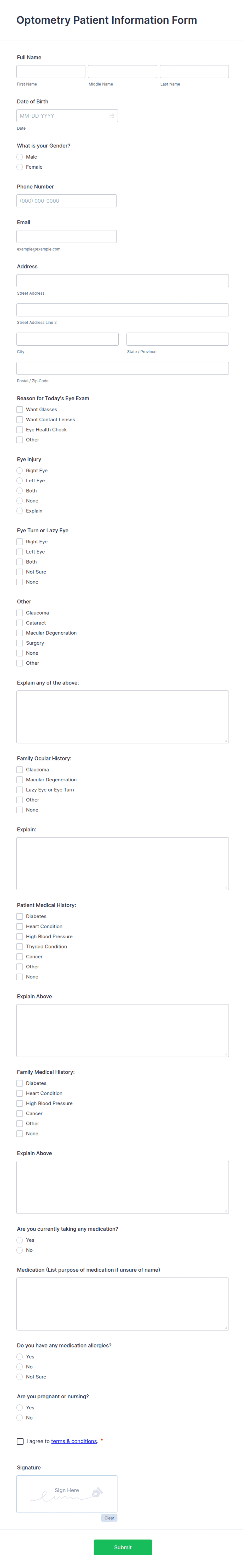 Optometry Testing Form Optometry Patient History Form