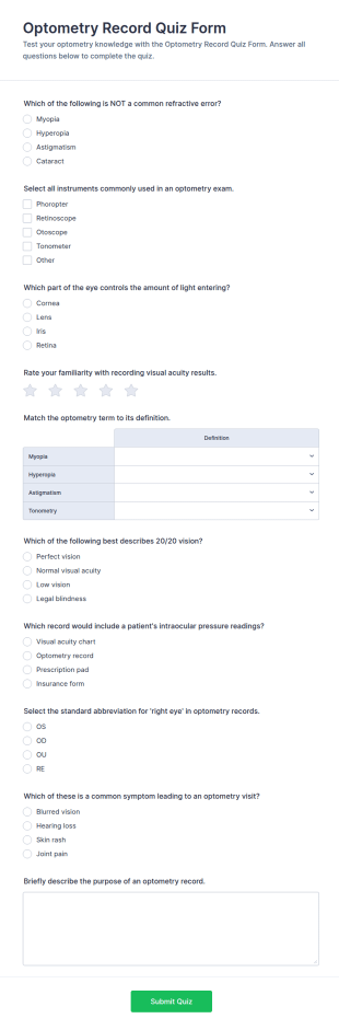 Optometry Record Quiz Form Template