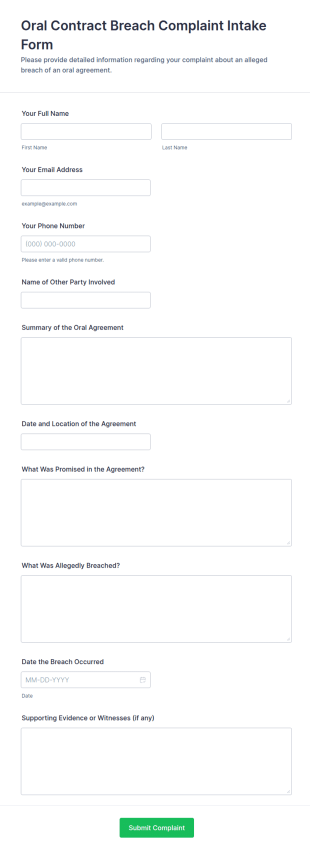 Oral Contract Breach Complaint Form Template