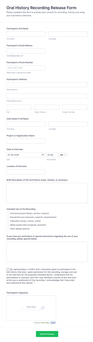 Oral History Recording Release Form Template