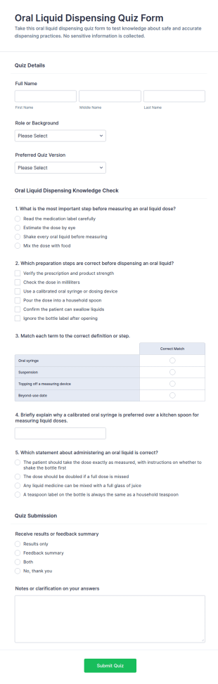 Oral Liquid Dispensing Quiz Form Template