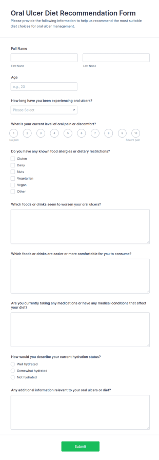 Oral Ulcer Diet Recommendation Form Template