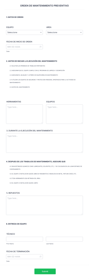 Orden De Mantenimiento Preventivo Form Template