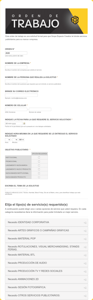 Orden De Trabajo Form Template