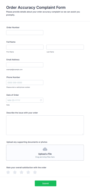 Order Accuracy Complaint Form Template