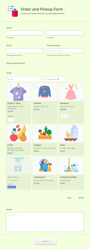 Order And Pickup Form Template
