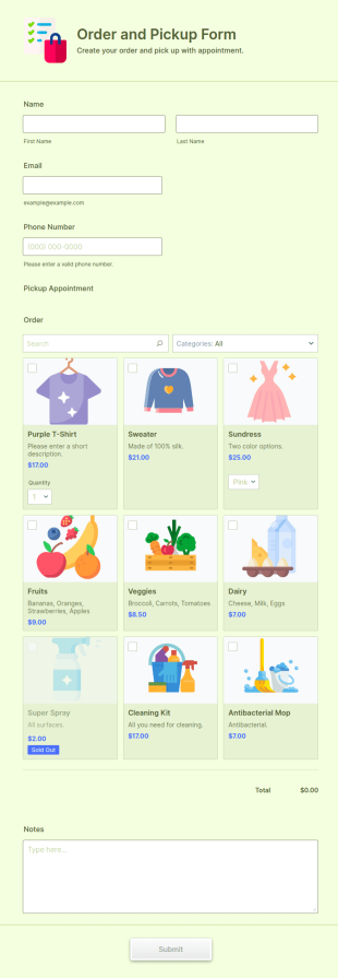 Order And Pickup Form Template