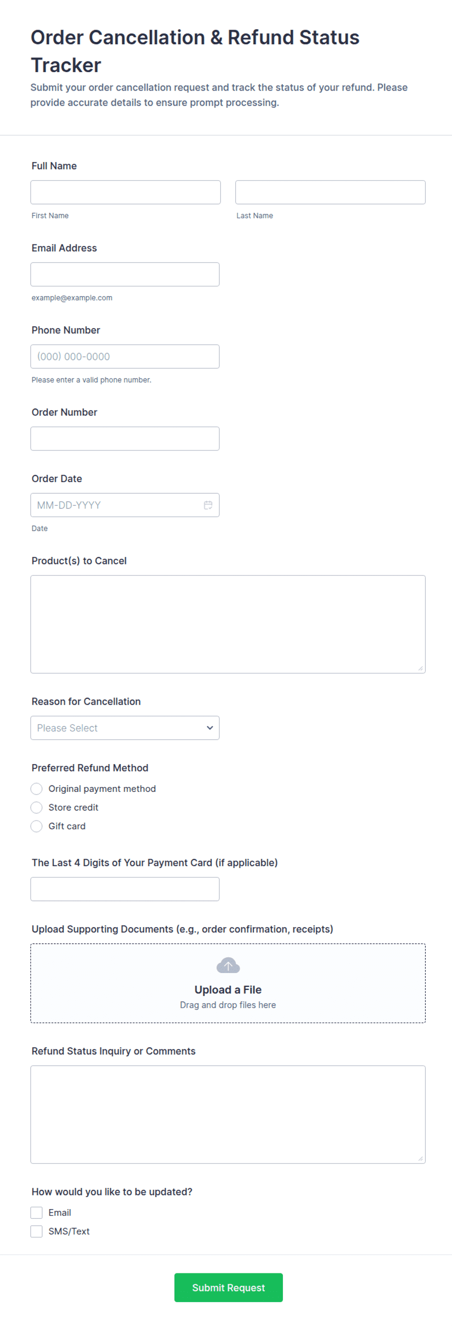 Order Cancellation Refund Status Tracker Form Template | Jotform