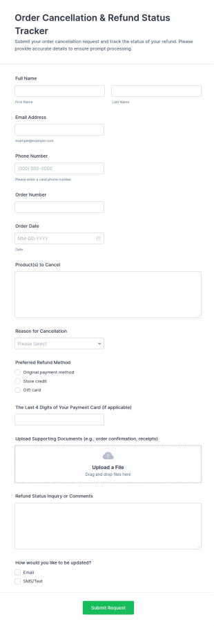 Order Cancellation Refund Status Tracker Form Template