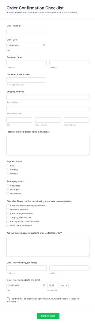 Order Confirmation Checklist Form Template