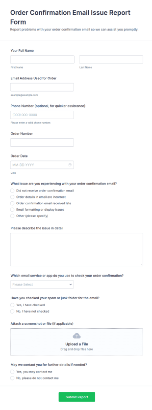 Order Confirmation Email Issue Report Form Template