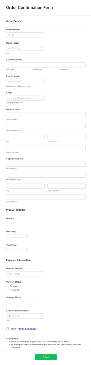 Order Confirmation Form Template