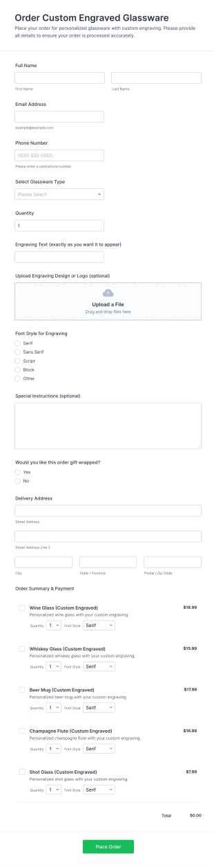 Order Custom Engraved Glassware Form Template